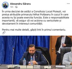 Ploiești: vicele Săraru îi pune flori pe piept lui Polițeanu: „Voi prelua atribuțiile în cazul în care nu-și poate exercita funcția”